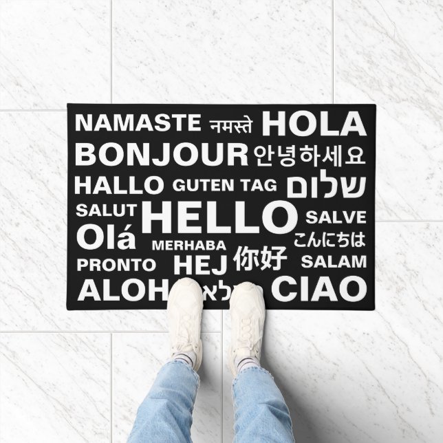 Paillasson Bonjour dans différentes langues noir blanc modern (Intérieur)