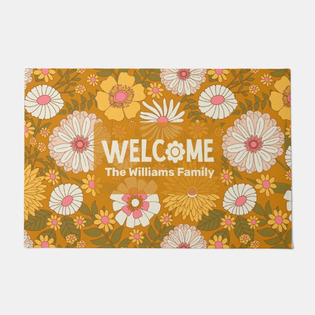Paillasson Bonne "Bienvenue" Floral Jaune Famille Personnalis (Devant)