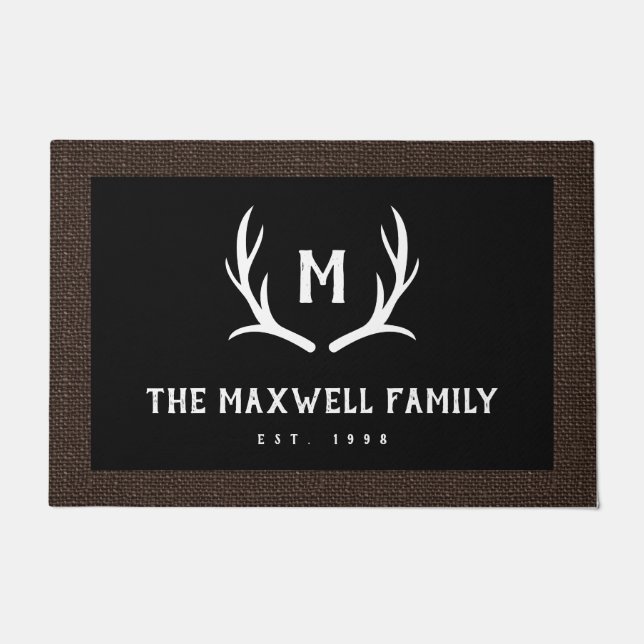 Paillasson Bordure de Faux Burlap de Monogramme Rustique Noir (Devant)
