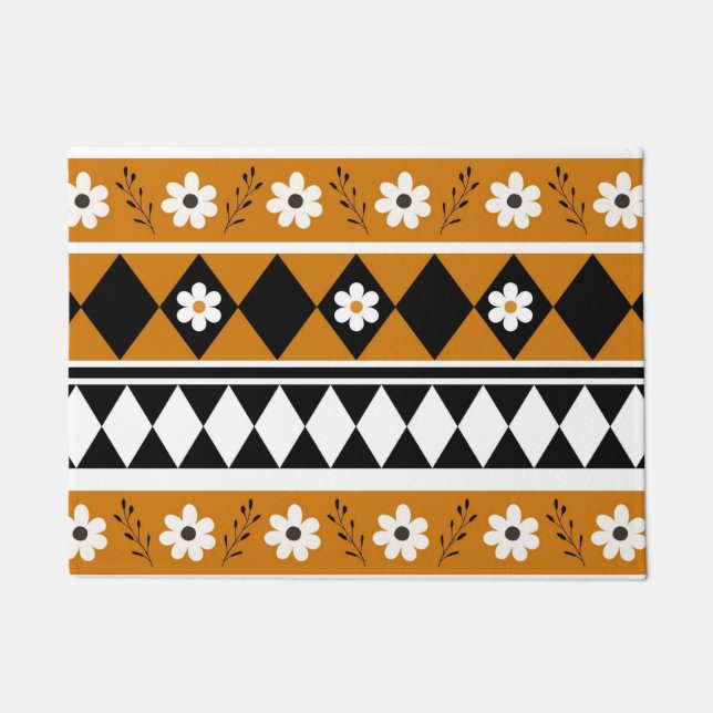 Paillasson Bordure Fleur Diamant Boho Motif Floral (Devant)