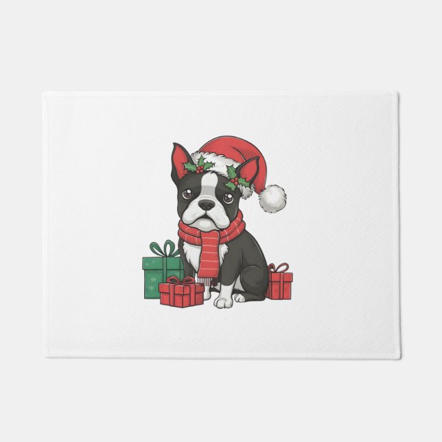 Paillasson Boston Terrier Chien Noël Fêtes de Noël Père Noël (Devant)