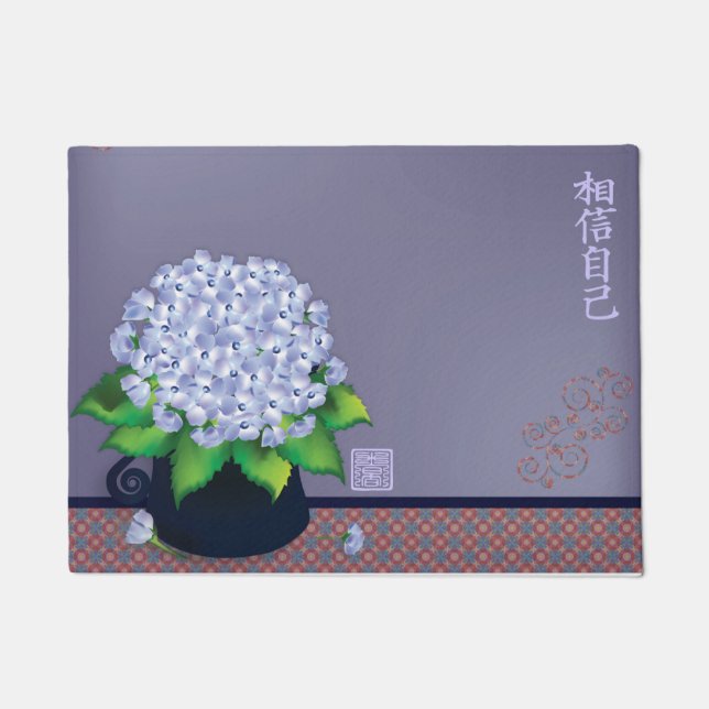 Paillasson Bouquet d'hydrangées bleues "Crois en toi-même" (Devant)