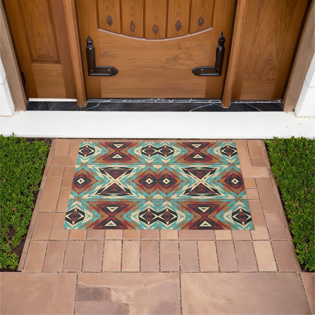 Paillasson Brown Turquoise Bleu Vert Orange Tribal Art (De plein air)
