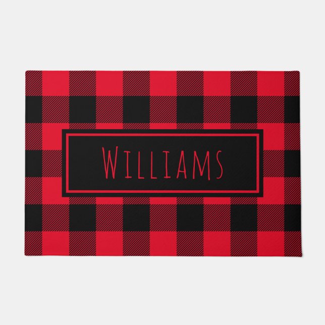 Paillasson Buffalo Plaid Rouge et noir Nom personnalisé mat d (Devant)