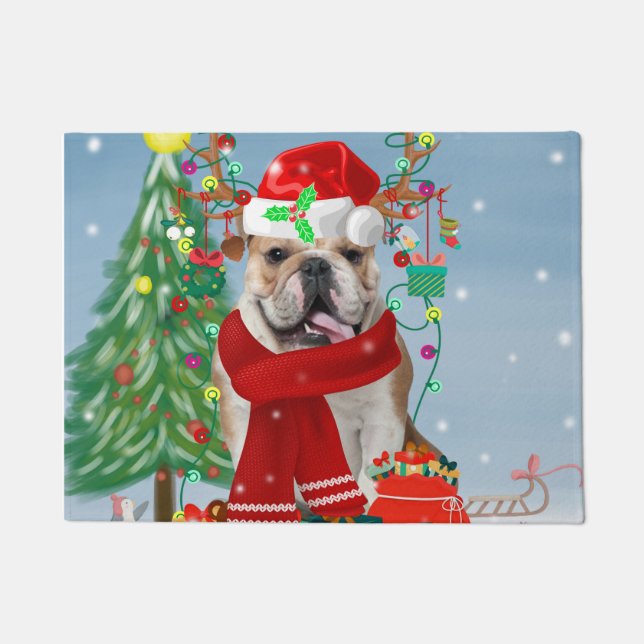 Paillasson Bulldog anglais en neige avec cadeaux de Noël (Devant)