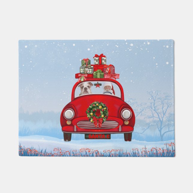 Paillasson Bulldog Anglais En Voiture Avec Le Père Noël (Devant)