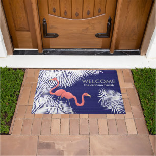 Paillasson Burlap bleu marine avec Flamants roses roses
