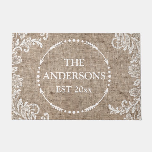 Paillasson Burlap Dentelle Rustique Chic Nom personnalisé (Devant)