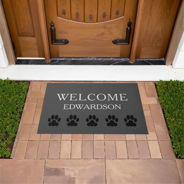 Paillasson Burlap gris moderne Welcome nom de famille pattes  (De plein air)