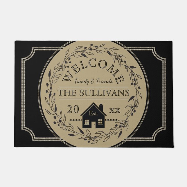 Paillasson Burlap rustique | Black Wreath House Nom DE BIENVE (Devant)