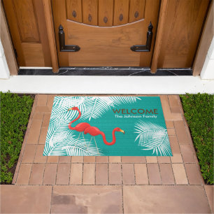 Paillasson Burlap turquoise avec Flamants roses roses