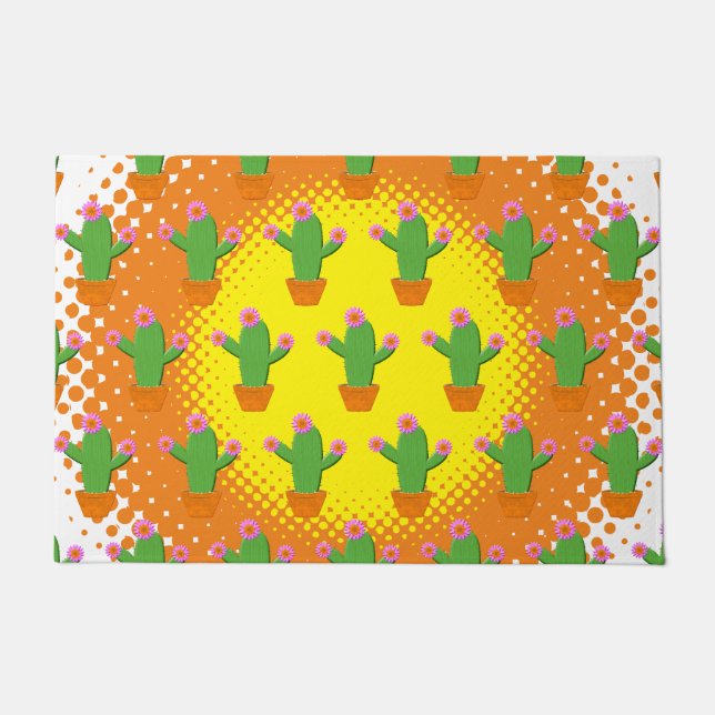 Paillasson Cactus Cartoon Motif Avec Fleurs Roses (Devant)