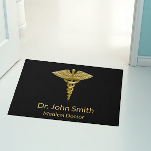 Paillasson Caducée d'or Médicale sur noir - mat de porte