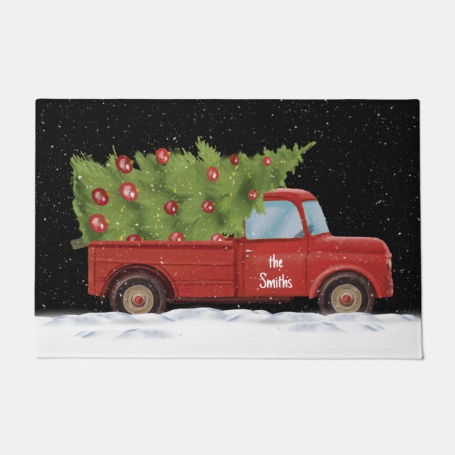 Paillasson Camion rouge de Noël avec nom (Devant)