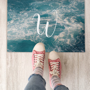 Paillasson Caraibes bleu blanc Vagues mer Monogramme