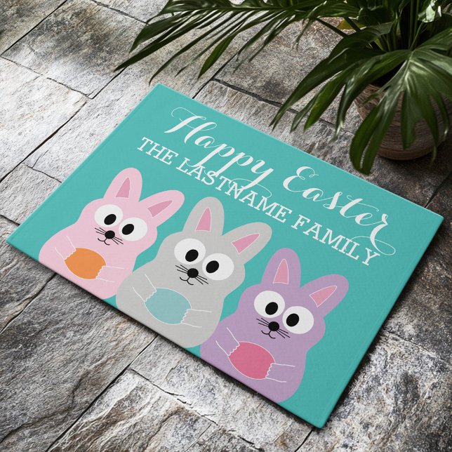 Paillasson Cartoon mignon lapin de Pâques avec nom personnali (Custom Welcome Doormat)