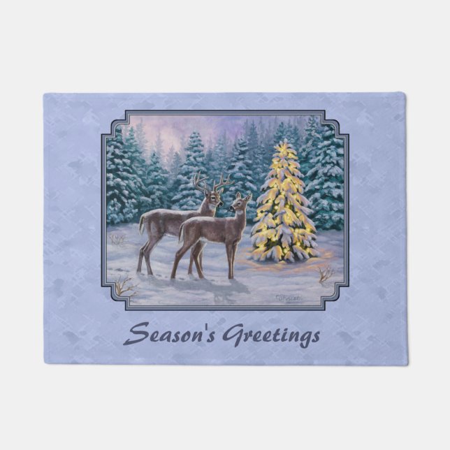 Paillasson Cerf et arbre de Noël Bleu d'hiver (Devant)