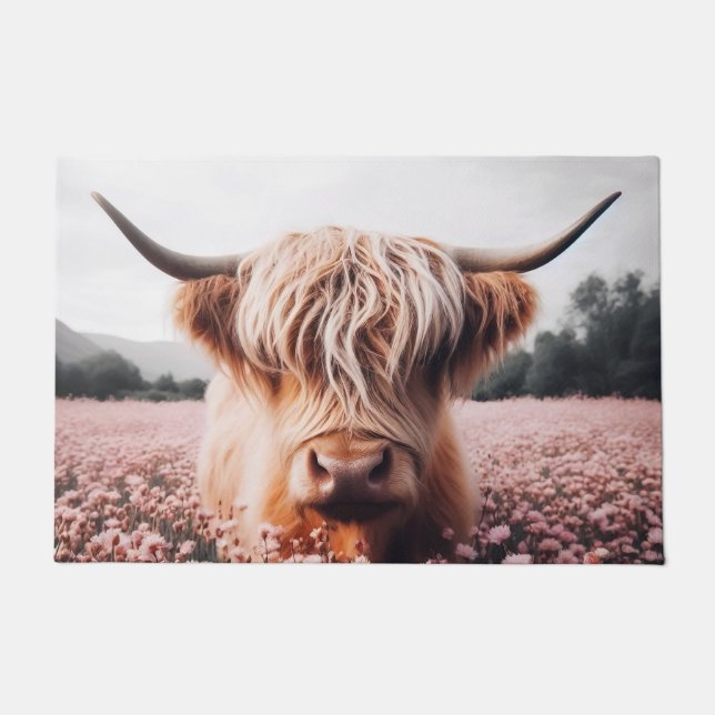 Paillasson Champ de Fleur sauvage écossais Highland Cow (Devant)