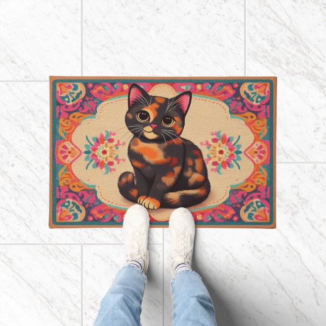 Paillasson Charme Cute Tortoiseshell Chat frontière vibrante (Intérieur)