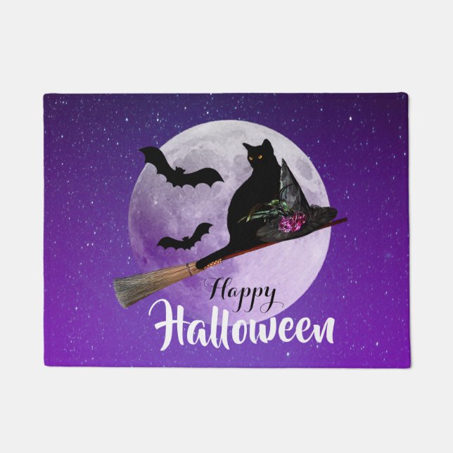 Paillasson Chat noir d'Halloween sur la Pleine lune de chambr (Devant)