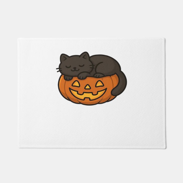 Paillasson Chat noir mignon et dormant sur un Essen d'Hallowe (Devant)