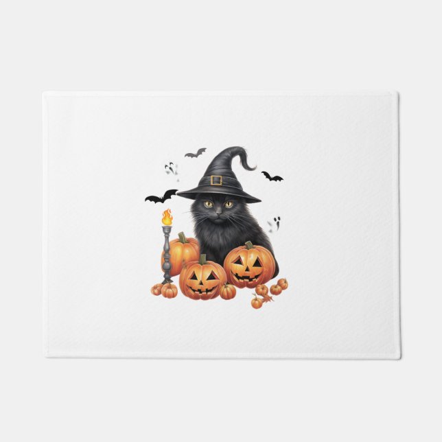 Paillasson Chat noir mignon Sorcière Casquette Citrouille Ani (Devant)