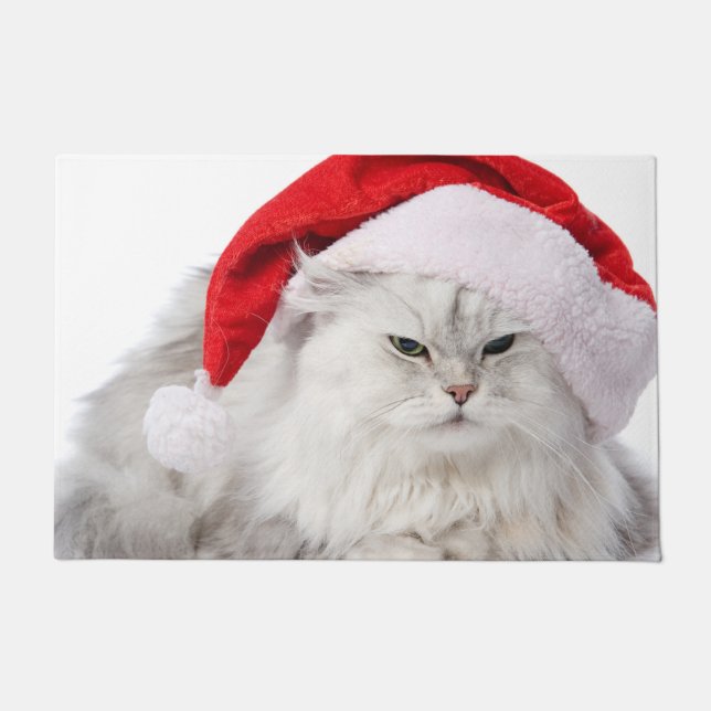 Paillasson Chat perse portant le mat de chapeau de Santa (Devant)