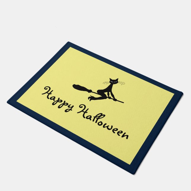Paillasson Chat Sur Broomstick, Bonne Halloween (Incliné)