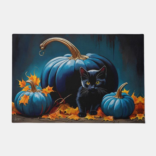 Paillasson Chaton noir et lune bleue Citrouilles Feuilles d'a (Devant)