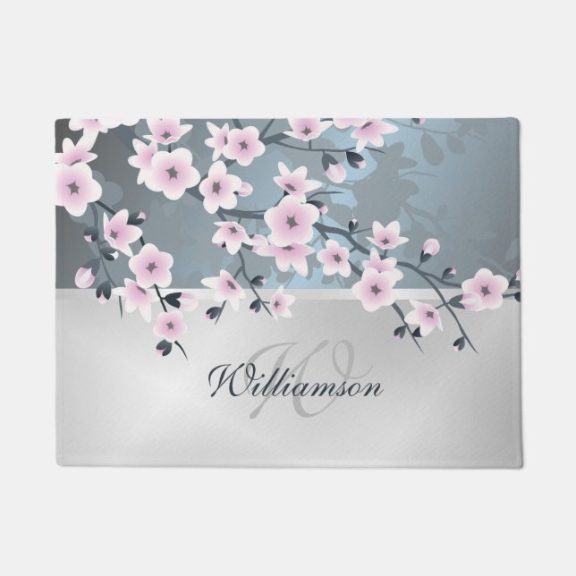 Paillasson Cherry Blossoms Dusky Pink Welcome Nom de famille (Devant)