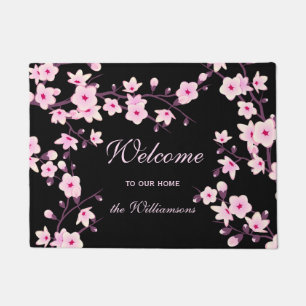 Paillasson Cherry Blossoms Rose Black Welcome Nom de famille