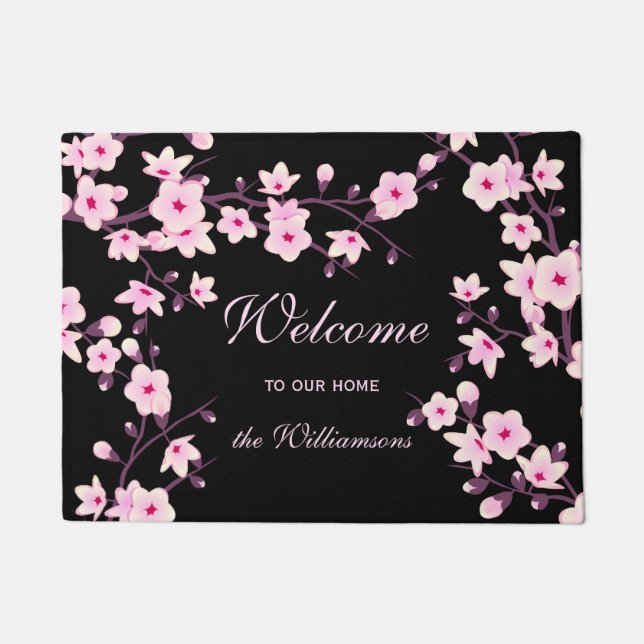 Paillasson Cherry Blossoms Rose Black Welcome Nom de famille (Devant)