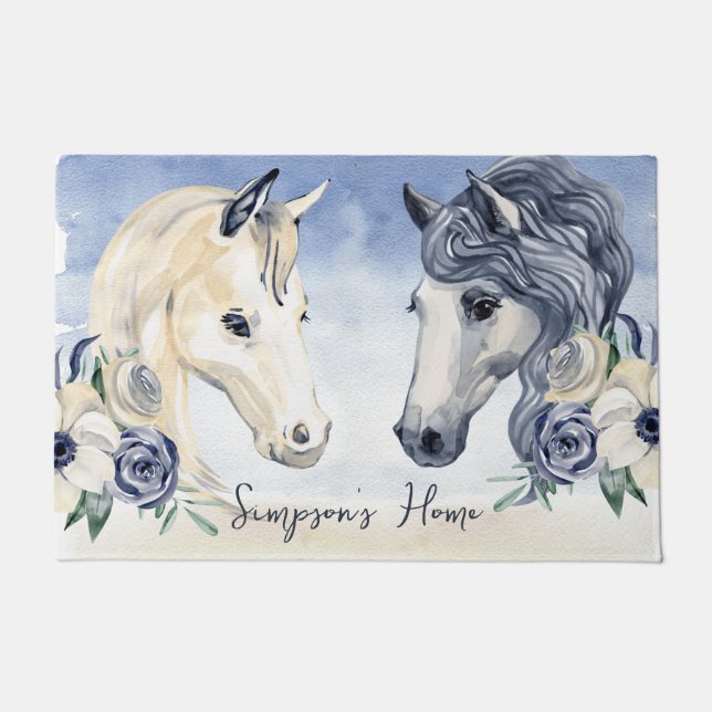 Paillasson Cheval bleu gris avec fleurs nom personnalisé (Devant)