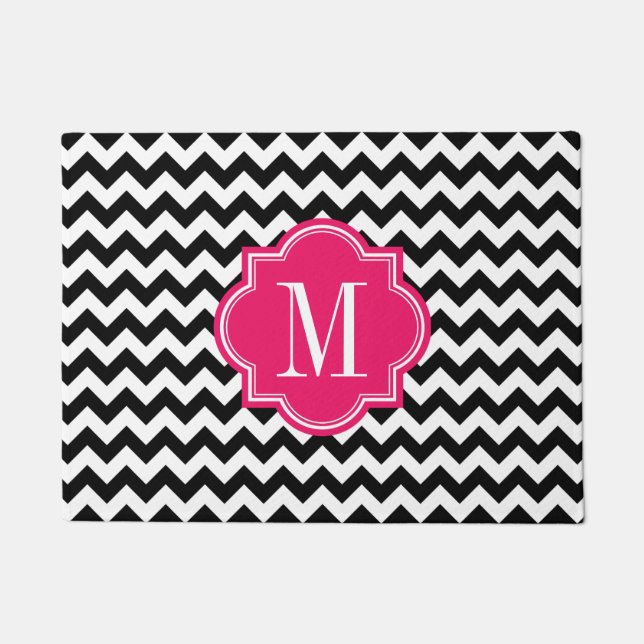 Paillasson Chevron noir et blanc avec le monogramme de roses (Devant)