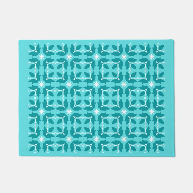Paillasson Chic Carrelage Turquoise Fleurs Motif Petit Porte  (Devant)