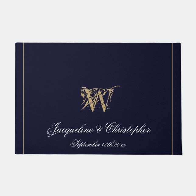 Paillasson Chic Navy Blue Monogram Noms des nouveaux mariés M (Devant)