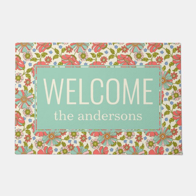Paillasson Chic Retro Rose & Aqua Floral Bienvenue (Devant)