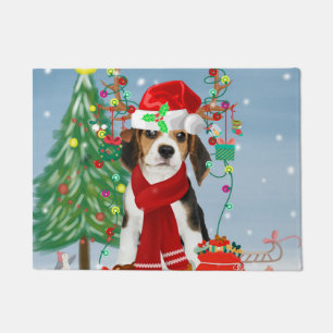Paillasson Chien beagle en neige avec cadeaux de Noël