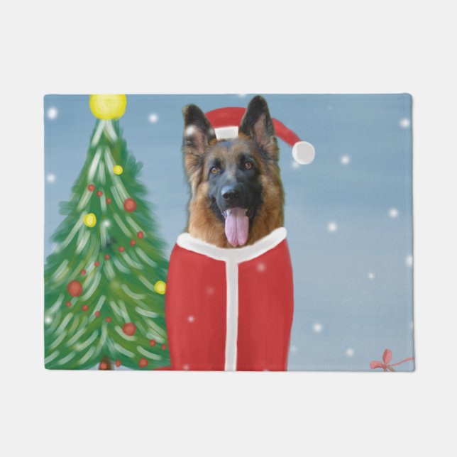 Paillasson Chien berger allemand en neige avec cadeaux de Noë (Devant)