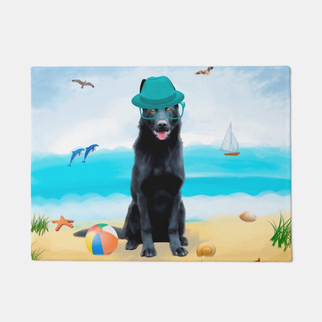 Paillasson Chien berger allemand noir sur la plage (Devant)