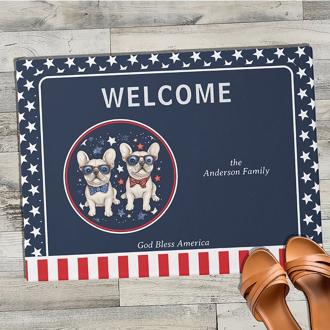 Paillasson Chien de taule français Whimsical Patriotic Rouge  (Whimsical French Bulldog Patriotic Red White Blue Custom Doormat for Independance Day 4th of July
)
