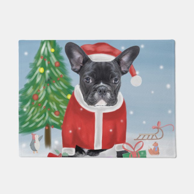 Paillasson Chien de taureau français en neige avec cadeaux de (Devant)