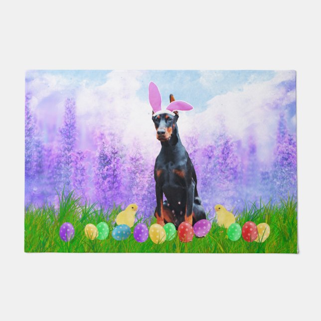 Paillasson Chien Doberman avec oeufs de Pâques Poussins Bunny (Devant)