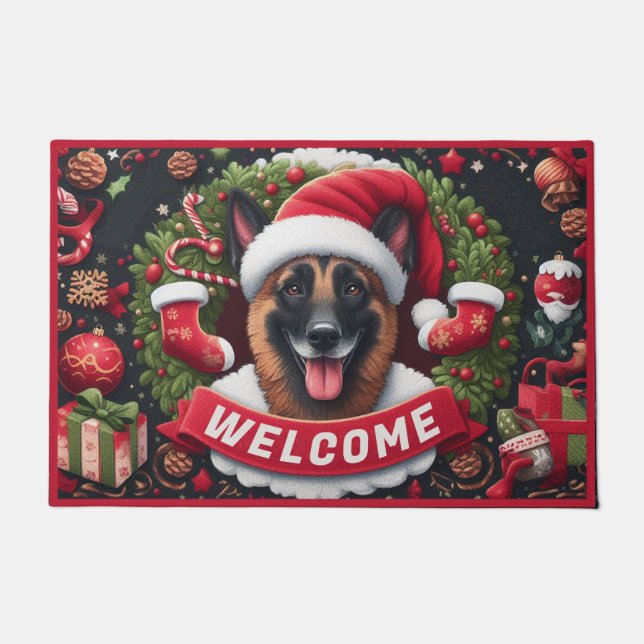 Paillasson Chien Malinois de Belgique Père Noël Bienvenue (Devant)