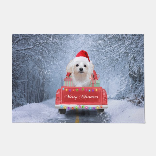 Paillasson Chien maltais en neige assis sur un camion de Noël (Devant)