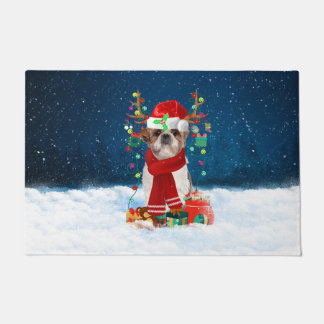 Paillasson Chien Shih Tzu en neige avec cadeaux de Noël