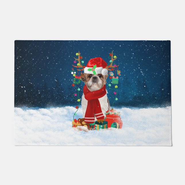 Paillasson Chien Shih Tzu en neige avec cadeaux de Noël (Devant)