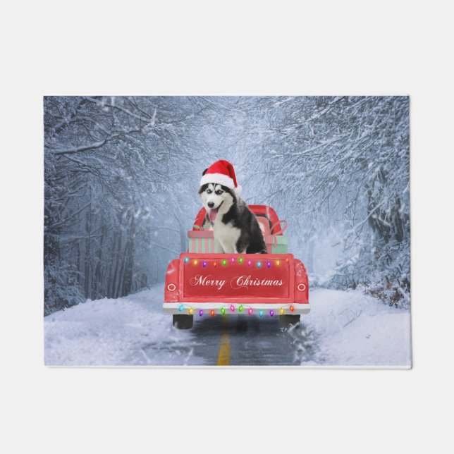 Paillasson Chien sibérien Husky en neige assis Camion de Noël (Devant)