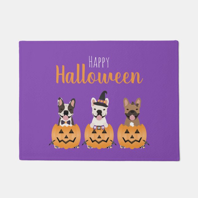 Paillasson Chiens de taureaux français heureux Halloween (Devant)