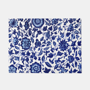 Paillasson Chinois bleu marine foncé motif floral sur blanc